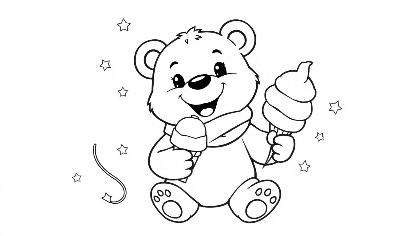 Lachende teddybeer met een sjaal die een ijsje en een ijslolly vasthoudt, omringd door sterretjes. Een vrolijke kleurplaat voor kinderen.
