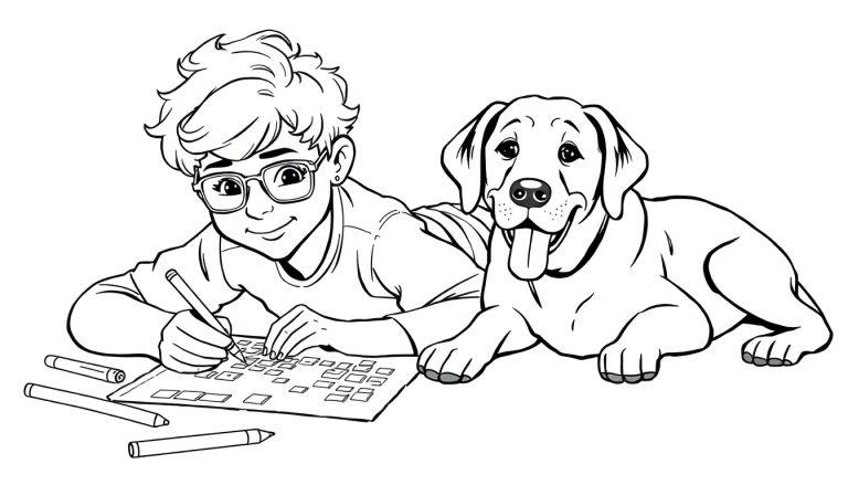 Een jongen met blonde krullen en een bril kleurt een Minecraft kleurplaat, terwijl een vrolijke labrador naast hem ligt.