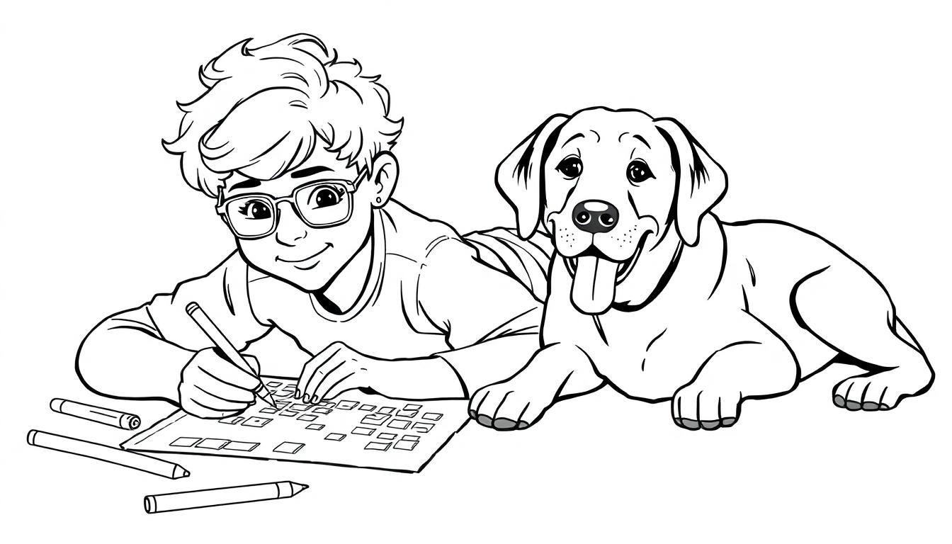 Een jongen met blonde krullen en een bril kleurt een Minecraft kleurplaat, terwijl een vrolijke labrador naast hem ligt.