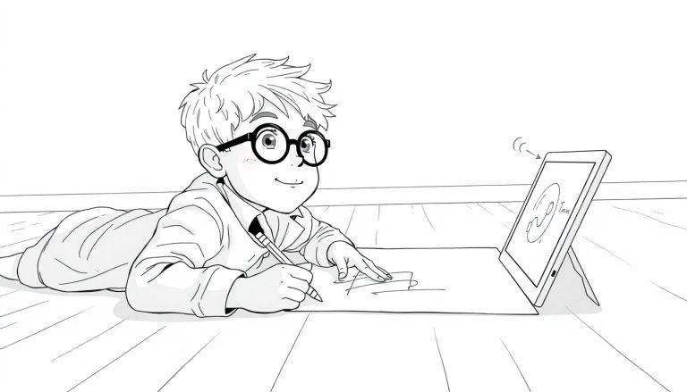 Een jongen met krullend blond haar en een bril ligt op de grond te tekenen. Hij kijkt verbaasd naar een tablet die geluid maakt en trilt terwijl er een interactief gezicht te zien is.