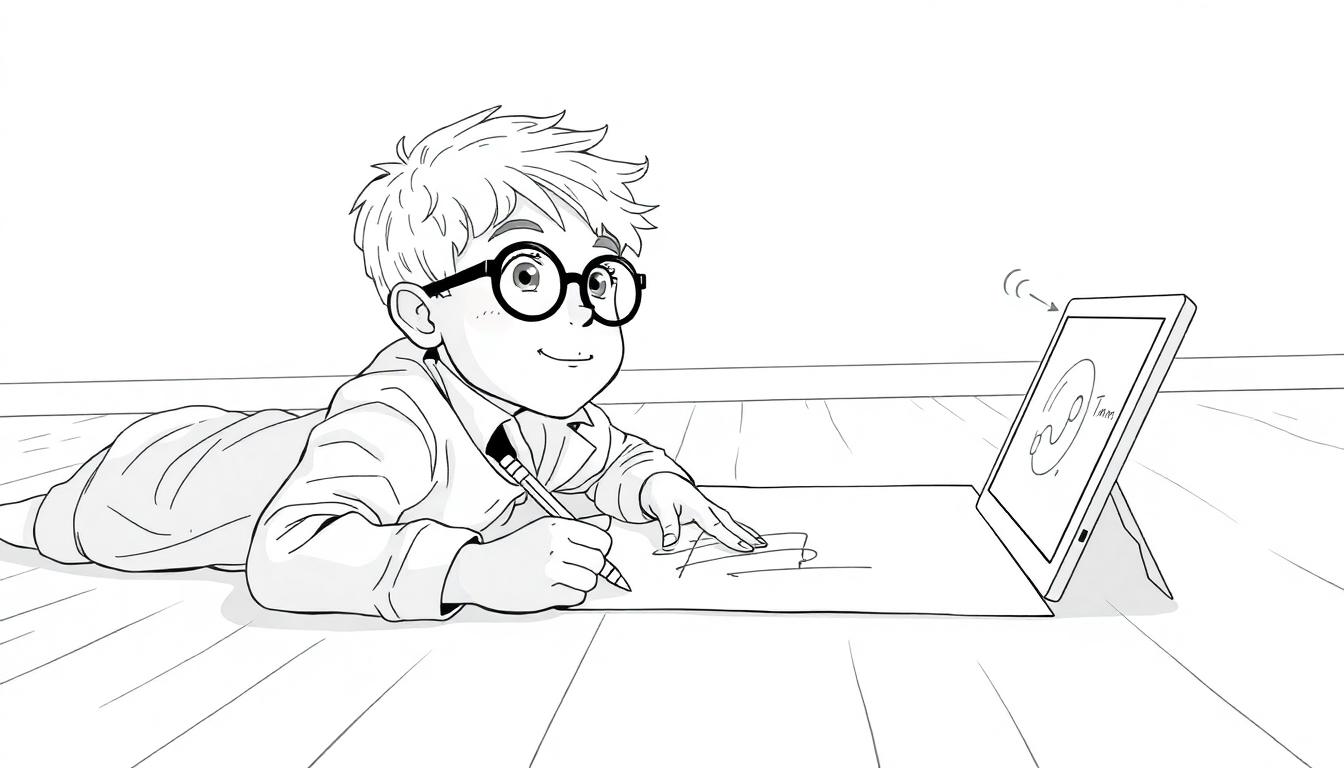 Een jongen met krullend blond haar en een bril ligt op de grond te tekenen. Hij kijkt verbaasd naar een tablet die geluid maakt en trilt terwijl er een interactief gezicht te zien is.