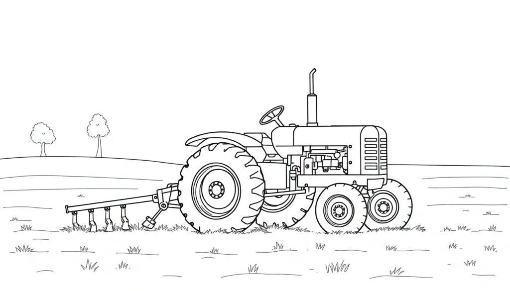 Kleurplaat van een oude tractor met een landbouwwerktuig op een veld.