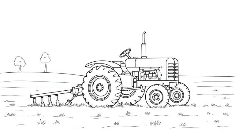 Kleurplaat van een oude tractor met een landbouwwerktuig op een veld.