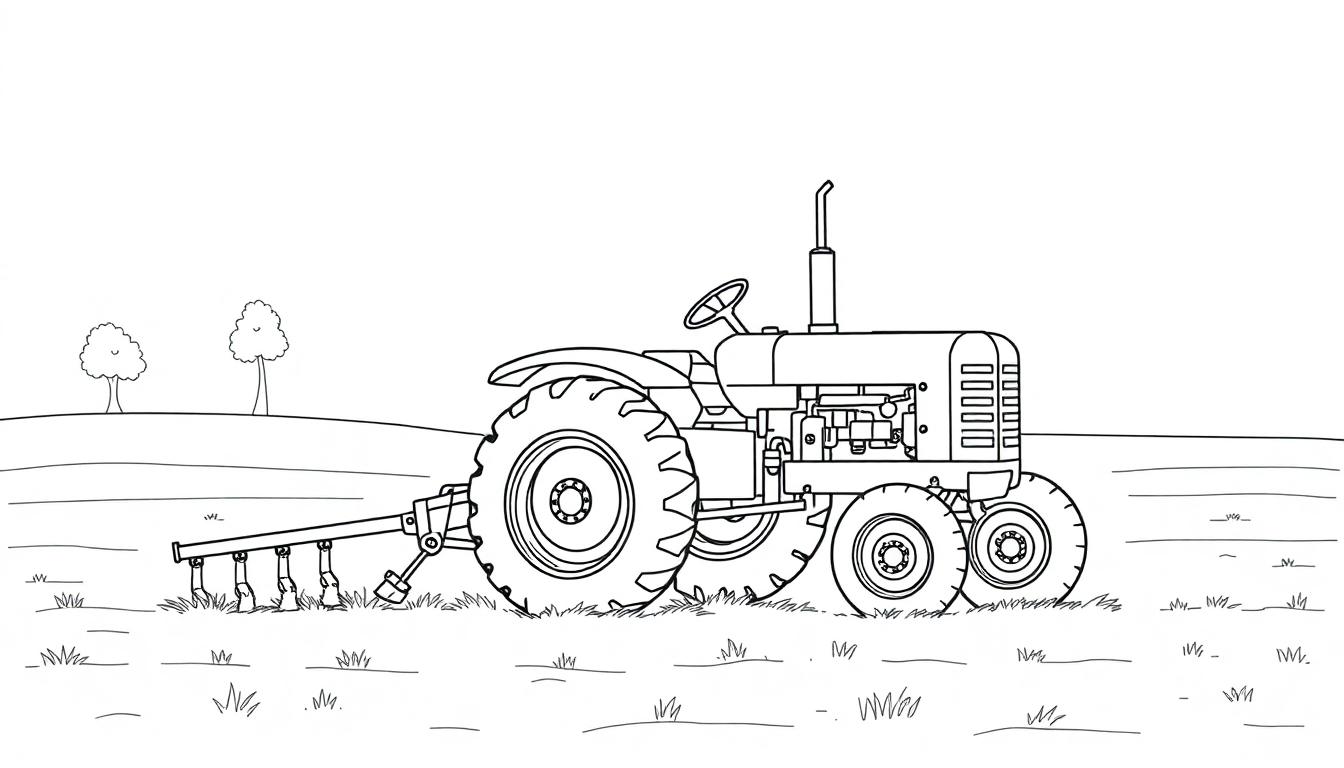 Kleurplaat van een oude tractor met een landbouwwerktuig op een veld.