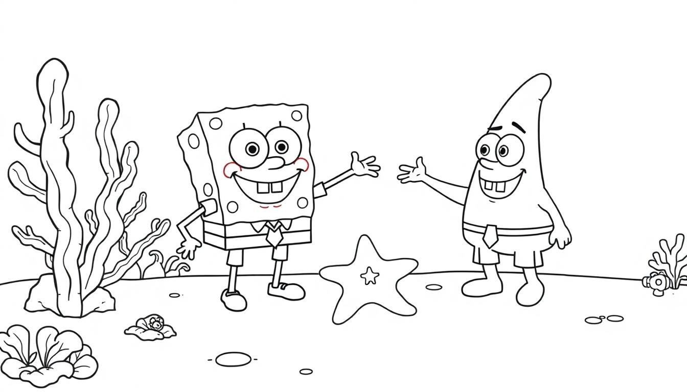 Zwart-witte kleurplaat van Spongebob en Patrick in een vrolijke onderwaterwereld, met zeewier, koraal en een zeester op de achtergrond.
