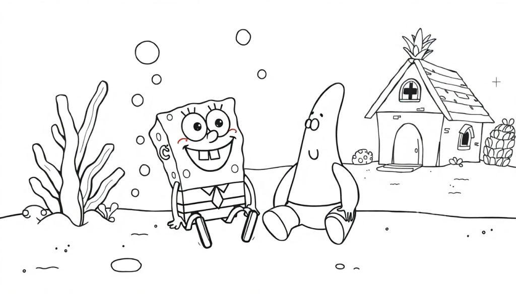 Kleurplaat van Spongebob en Patrick in een onderwateromgeving met een ananashuis en koraal op de achtergrond.