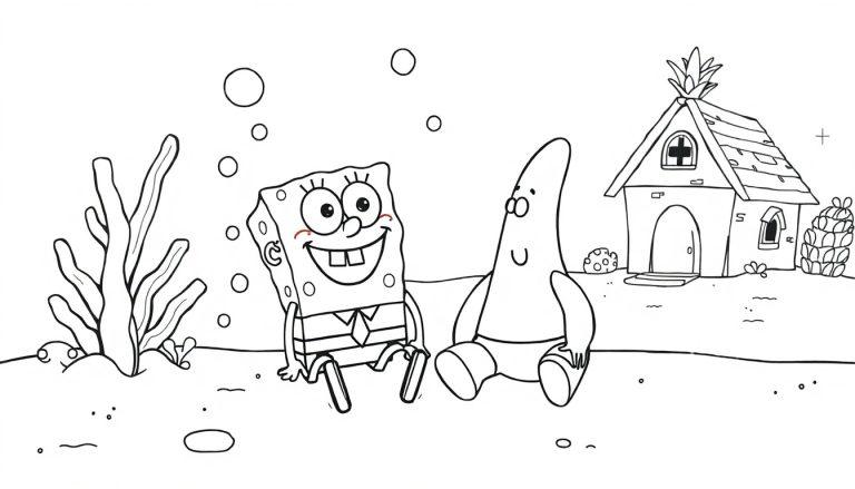 Kleurplaat van Spongebob en Patrick in een onderwateromgeving met een ananashuis en koraal op de achtergrond.