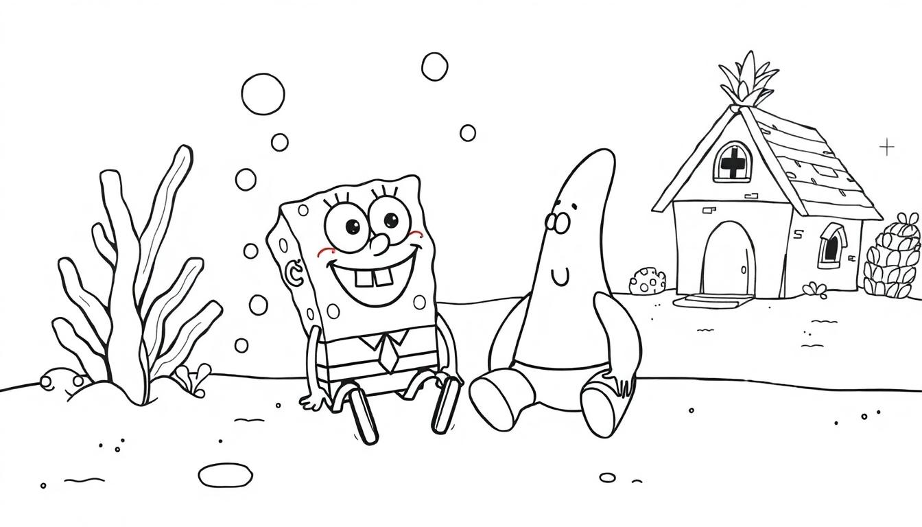 Kleurplaat van Spongebob en Patrick in een onderwateromgeving met een ananashuis en koraal op de achtergrond.