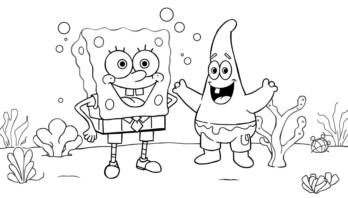 Kleurplaat van Spongebob en Patrick onderwater met een koraalplant, glooiend zand en vrije ruimte rechtsboven.