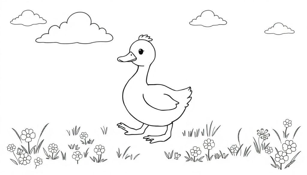 Kleurplaat van een vrolijke eend die loopt in het gras met bloemen en wolken.