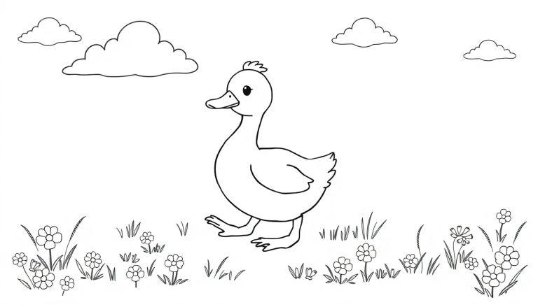 Kleurplaat van een vrolijke eend die loopt in het gras met bloemen en wolken.