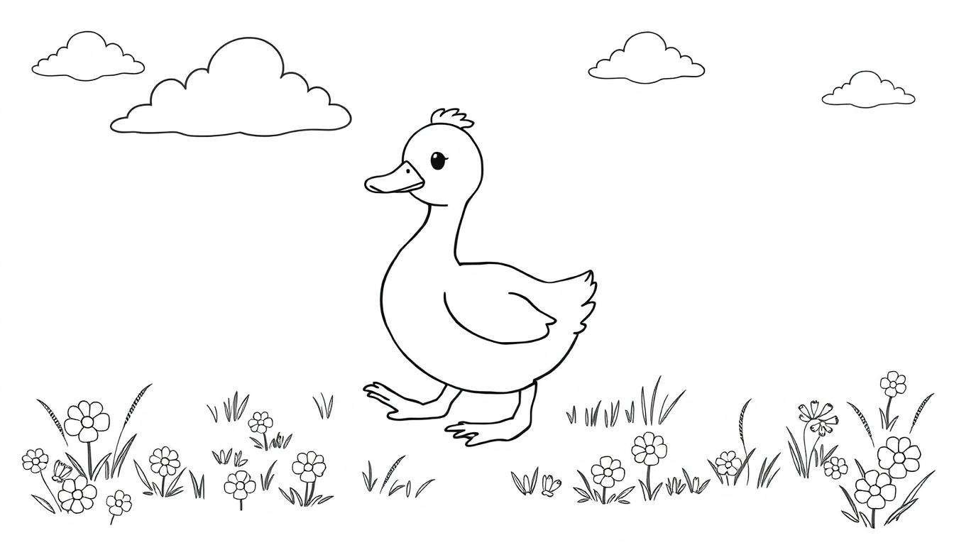 Kleurplaat van een vrolijke eend die loopt in het gras met bloemen en wolken.