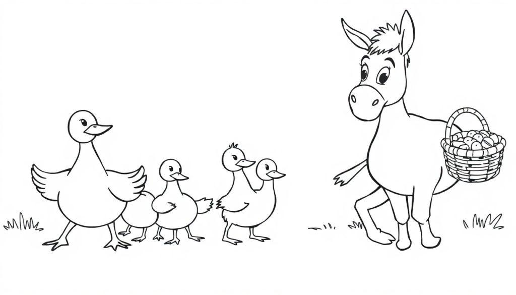 Kleurplaat van eendjes en een ezel met fruit.