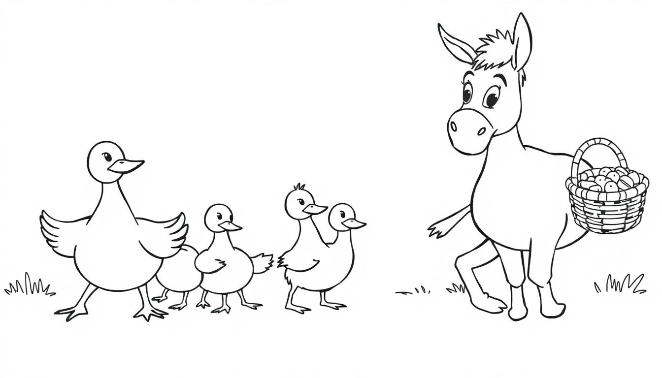 Kleurplaat van eendjes en een ezel met fruit.