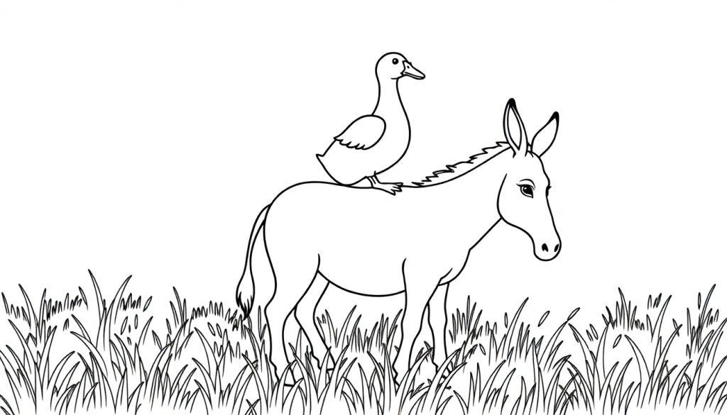 Ezel met eend kleurplaat: Een ezel en een eend in het gras.