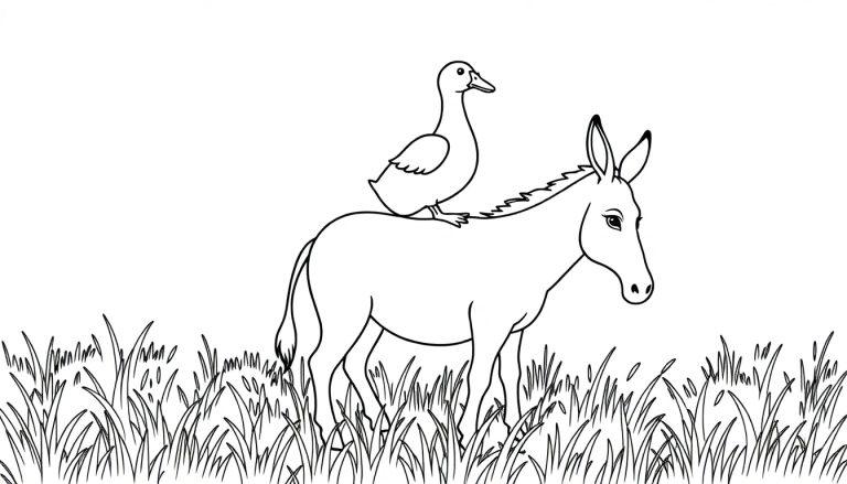 Ezel met eend kleurplaat: Een ezel en een eend in het gras.