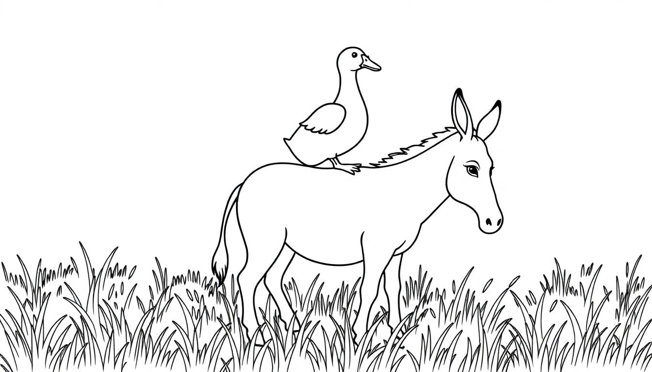 Ezel met eend kleurplaat: Een ezel en een eend in het gras.