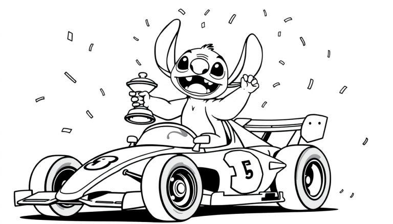 Stitch in raceauto kleurplaat