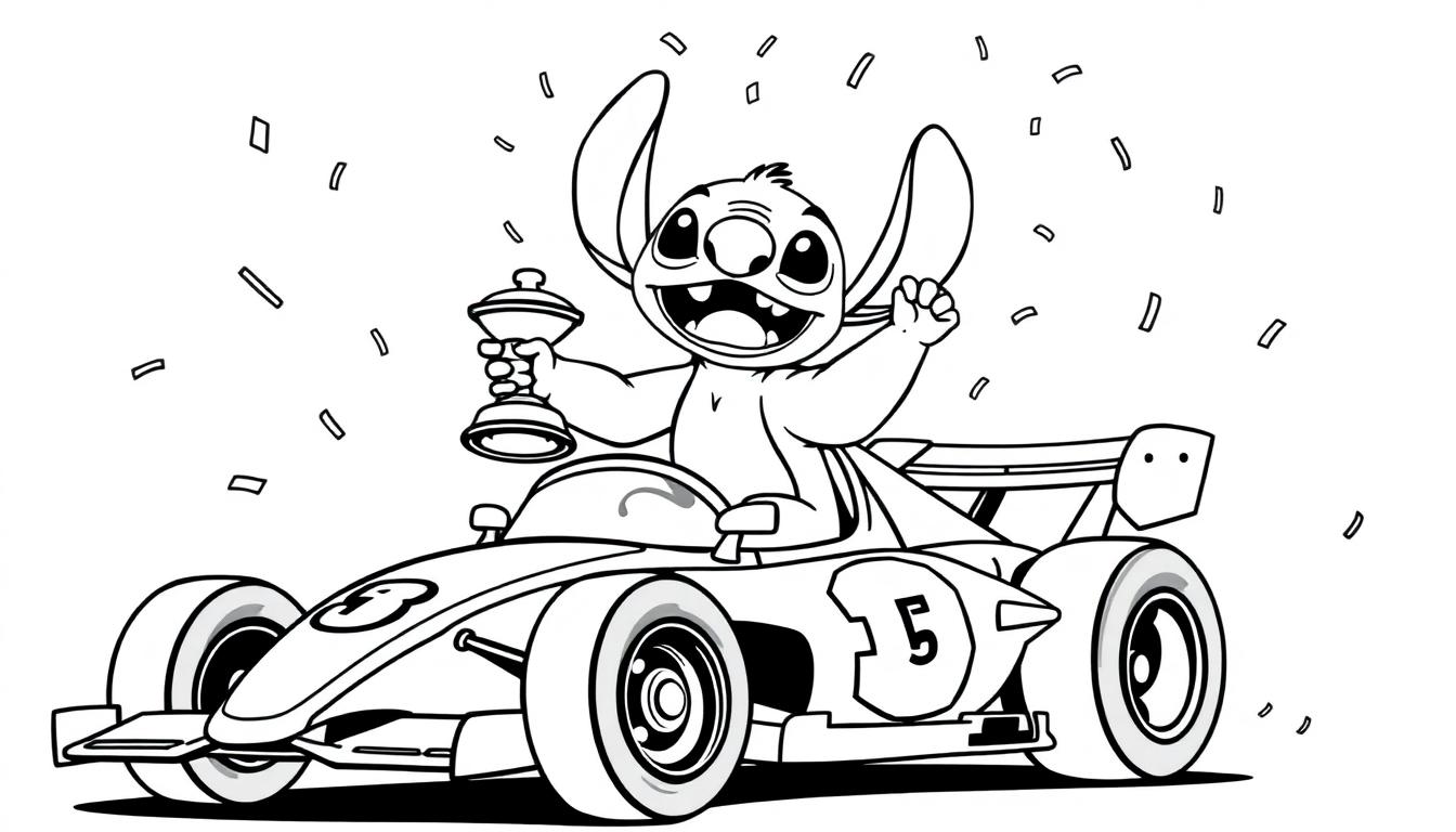 Stitch in raceauto kleurplaat