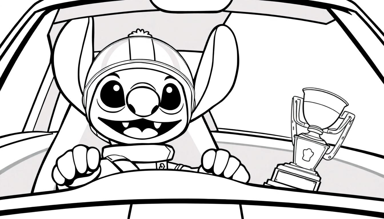 Stitch in een raceauto kleurplaat