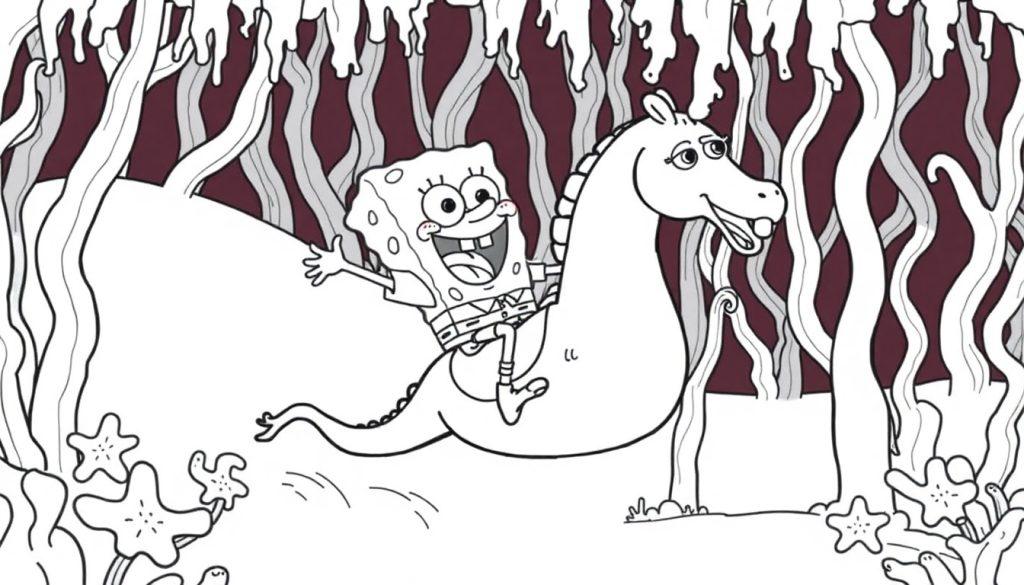 Spongebob kleurplaat rijdt op een zeepaard in Bikinibroek