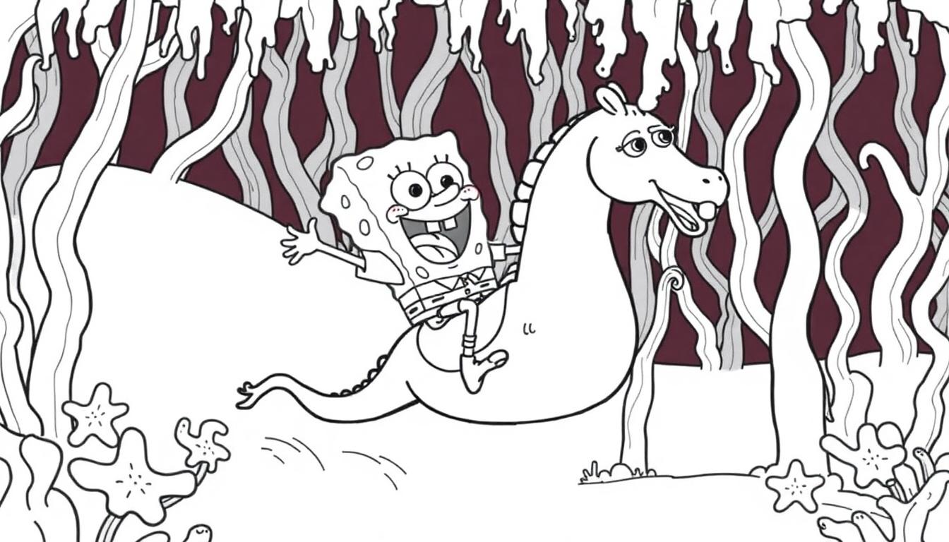 Spongebob kleurplaat rijdt op een zeepaard in Bikinibroek