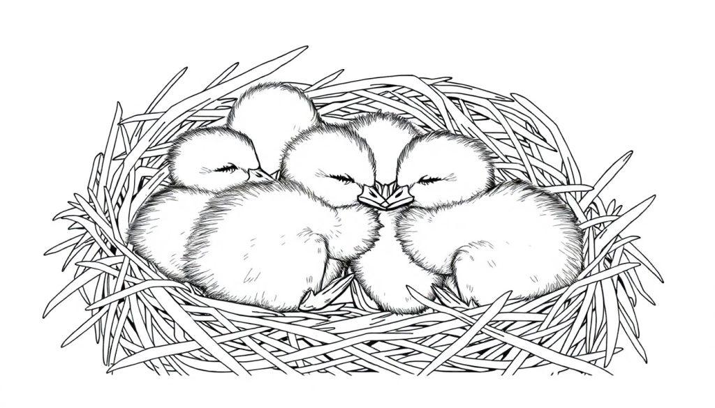 Kleurplaat van een nest met vier baby vogeltjes