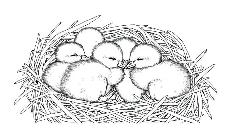 Kleurplaat van een nest met vier baby vogeltjes