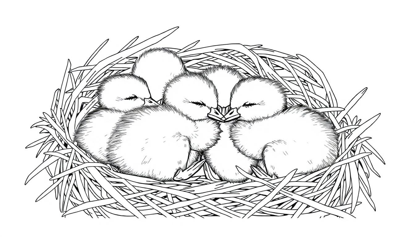 Kleurplaat van een nest met vier baby vogeltjes