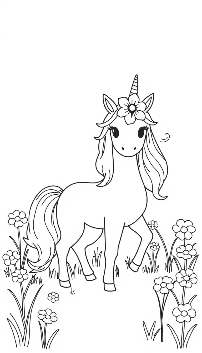 Eenhoorn kleurplaat met bloemen.
