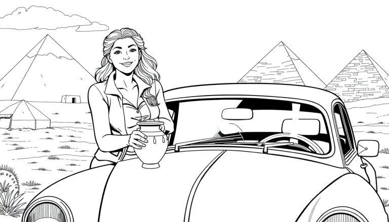 Kleurplaat van een archeoloog bij een Kever met de piramides op de achtergrond.