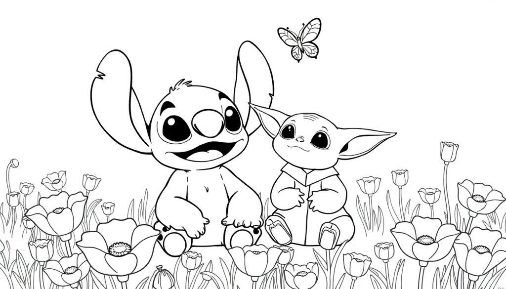 Stitch en Baby Yoda kleurplaat tussen de klaprozen.
