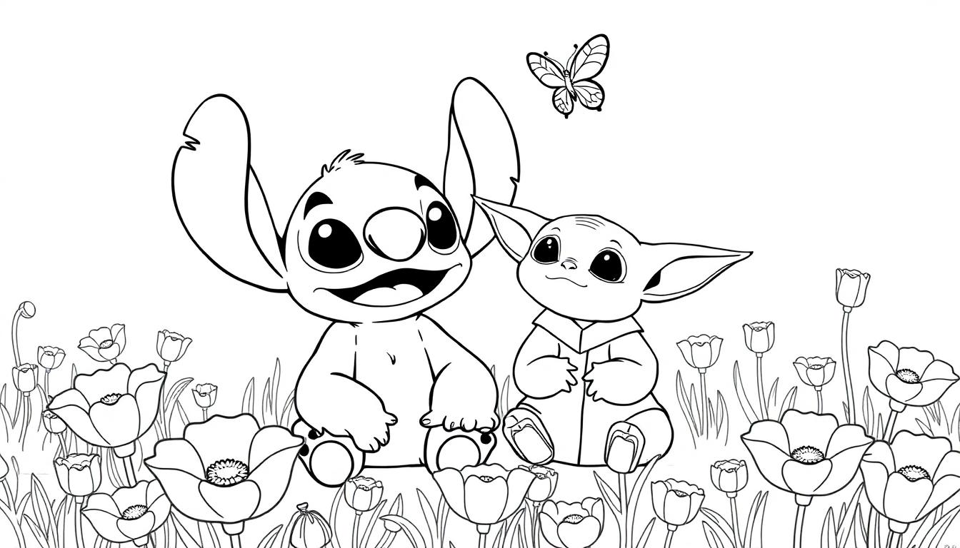 Stitch en Baby Yoda kleurplaat tussen de klaprozen.