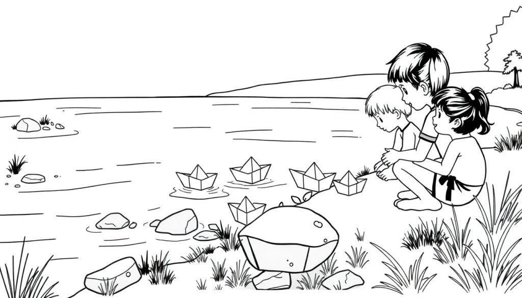 Kleurplaat van kinderen die papieren bootjes op een rivier laten varen.