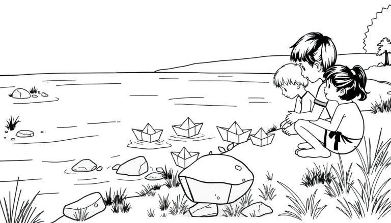 Kleurplaat van kinderen die papieren bootjes op een rivier laten varen.
