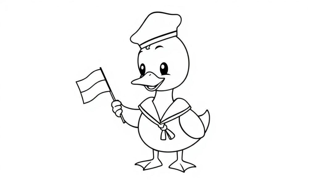 Kleurplaat van een schattige eend in een zeemanspak met een vlag.