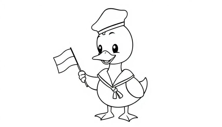 Kleurplaat van een schattige eend in een zeemanspak met een vlag.