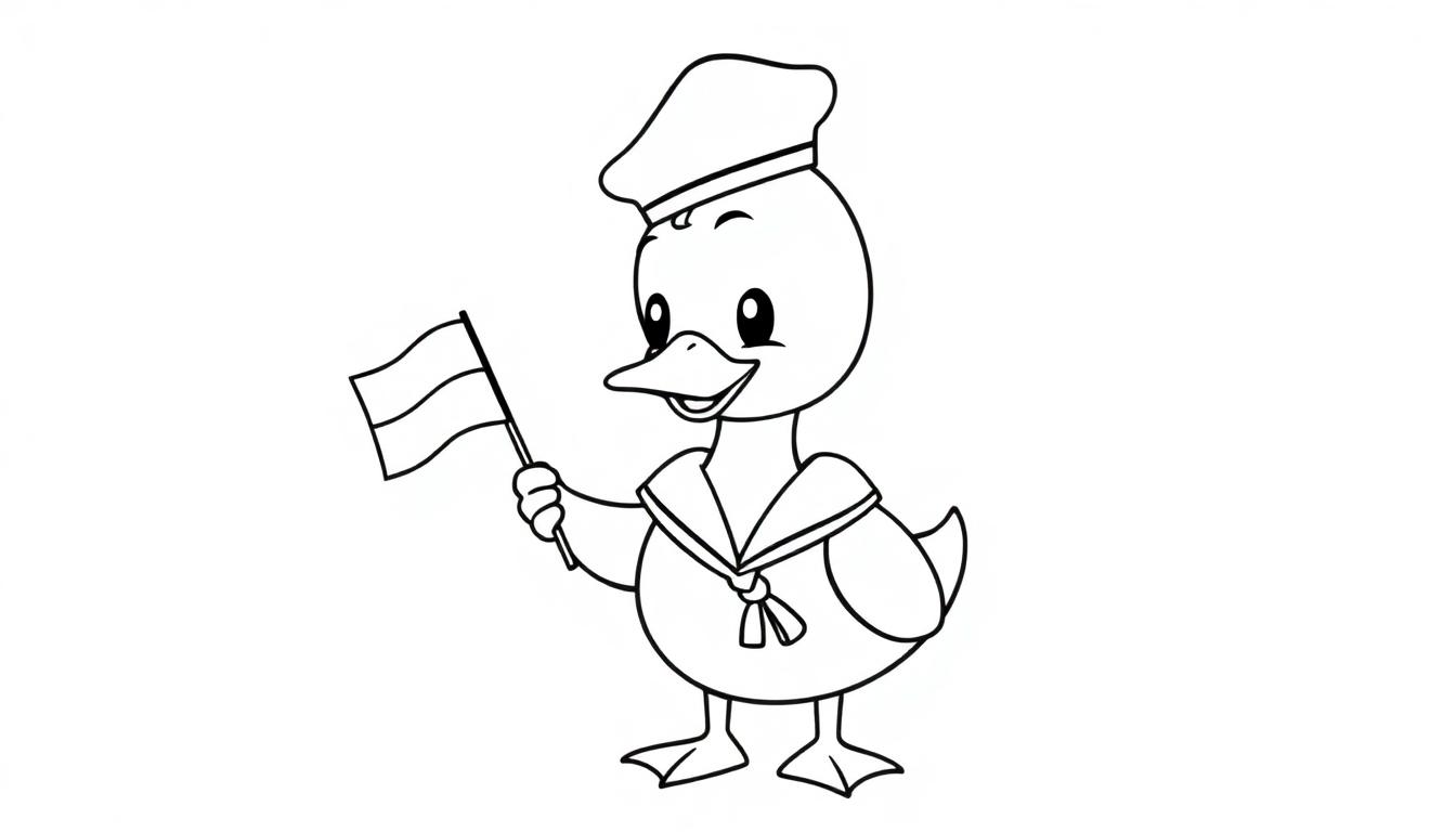 Kleurplaat van een schattige eend in een zeemanspak met een vlag.