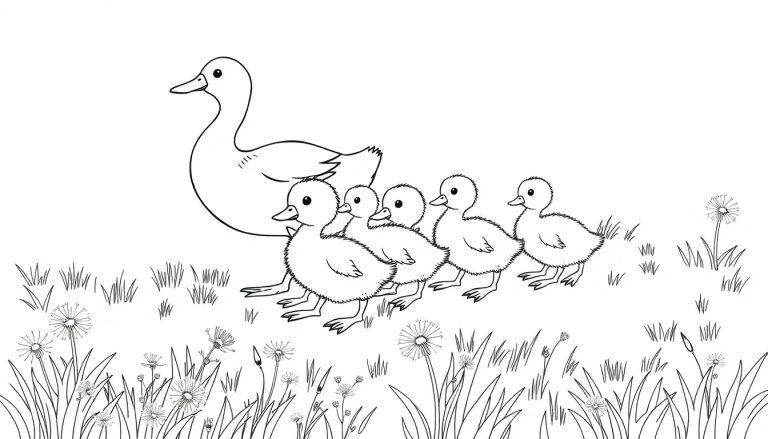 Eend met kuikens kleurplaat