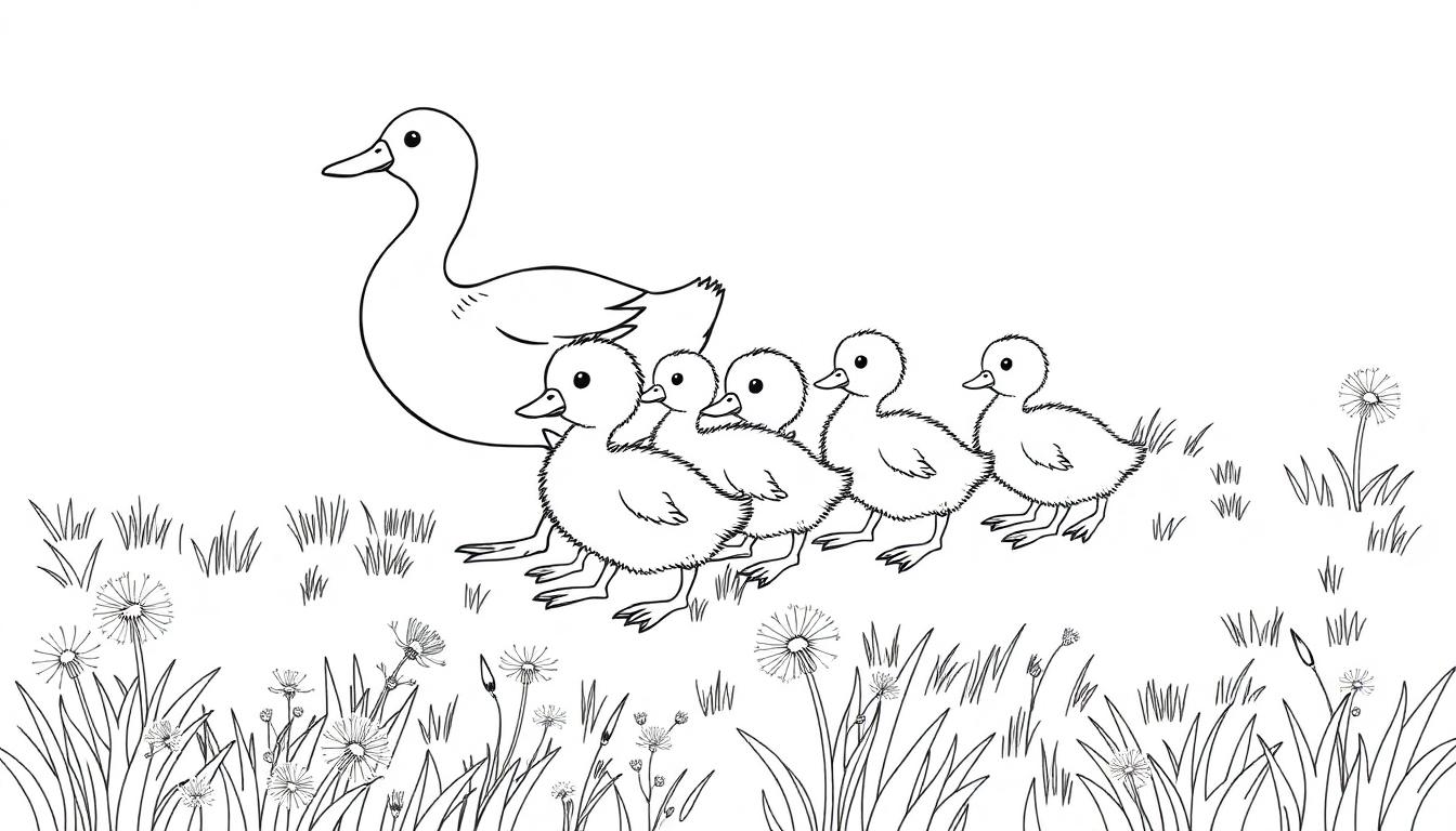 Eend met kuikens kleurplaat