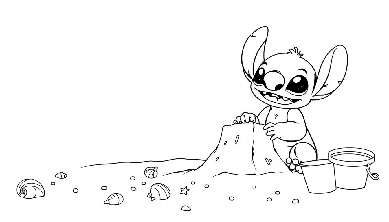 Stitch op het strand, een zwart-wit kleurplaat