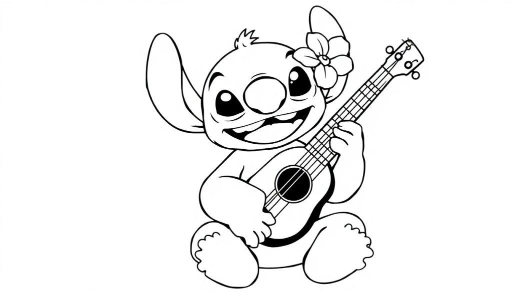 Stitch kleurplaat speelt ukelele met bloem