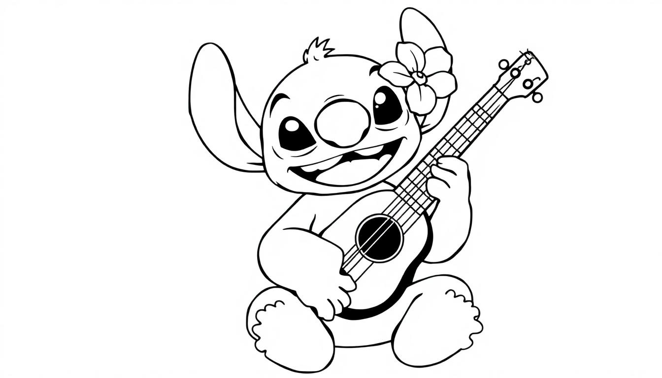 Stitch kleurplaat speelt ukelele met bloem