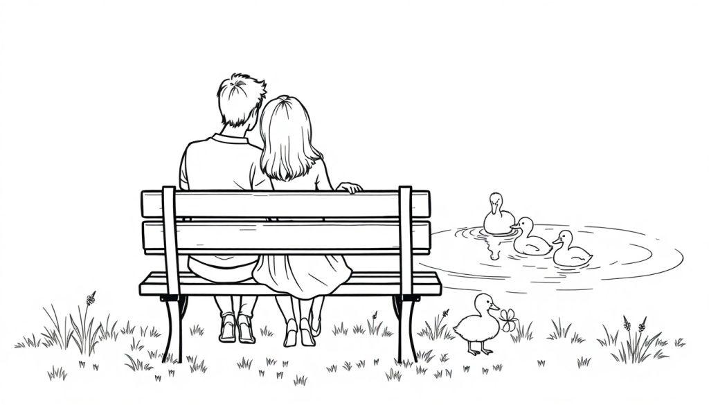 Kleurplaat van een verliefd stelletje en eendjes.