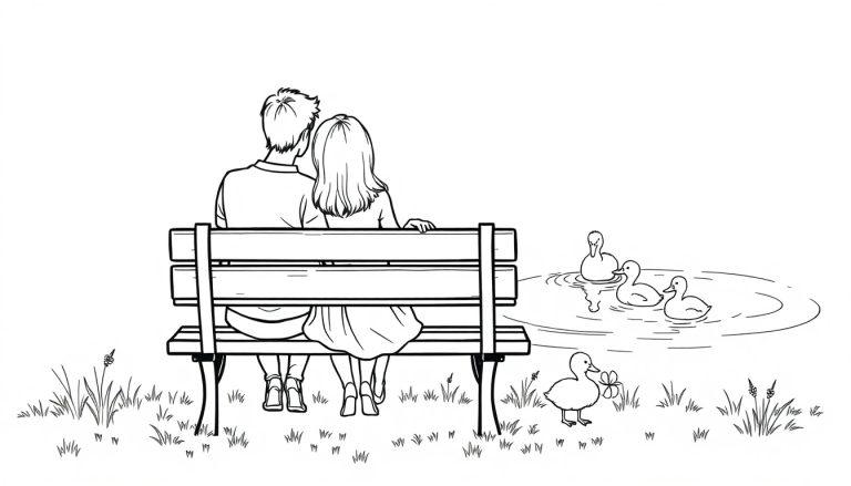 Kleurplaat van een verliefd stelletje en eendjes.
