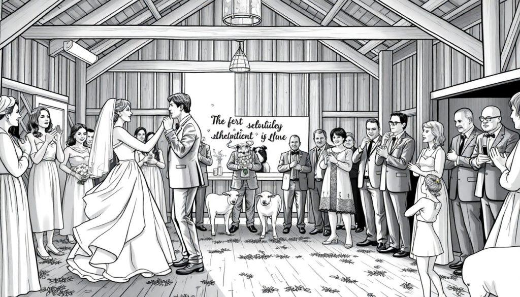 Kleurplaat van een bruiloft in een boerderij in Italië, met bruidspaar en gasten.