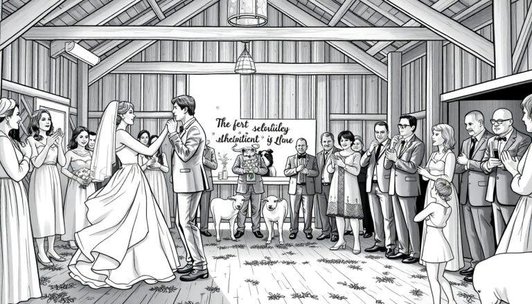 Kleurplaat van een bruiloft in een boerderij in Italië, met bruidspaar en gasten.