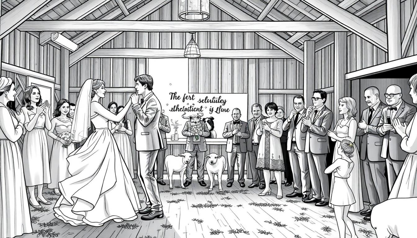 Kleurplaat van een bruiloft in een boerderij in Italië, met bruidspaar en gasten.