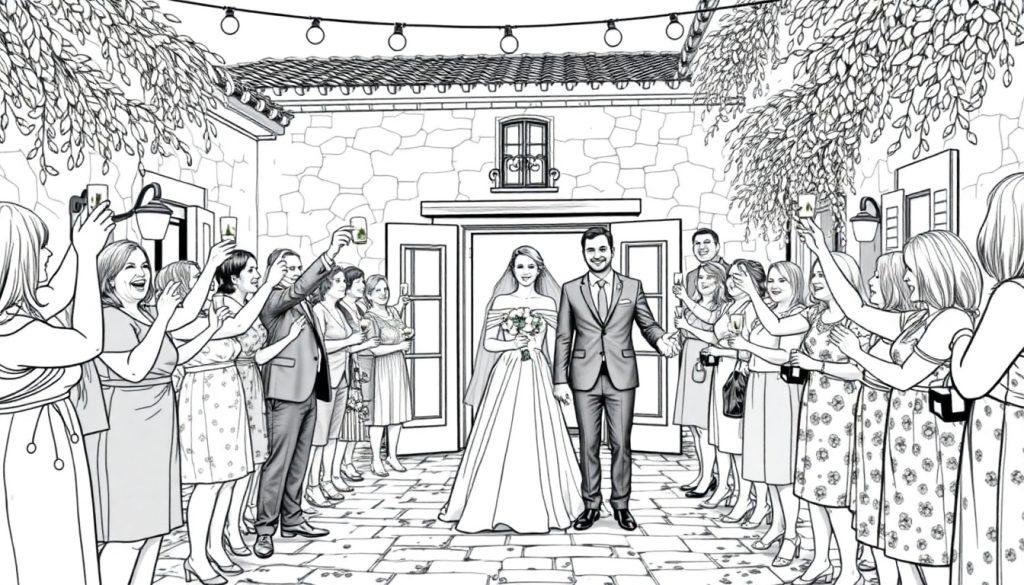 Kleurplaat van een bruiloft op een boerderij in Italië.