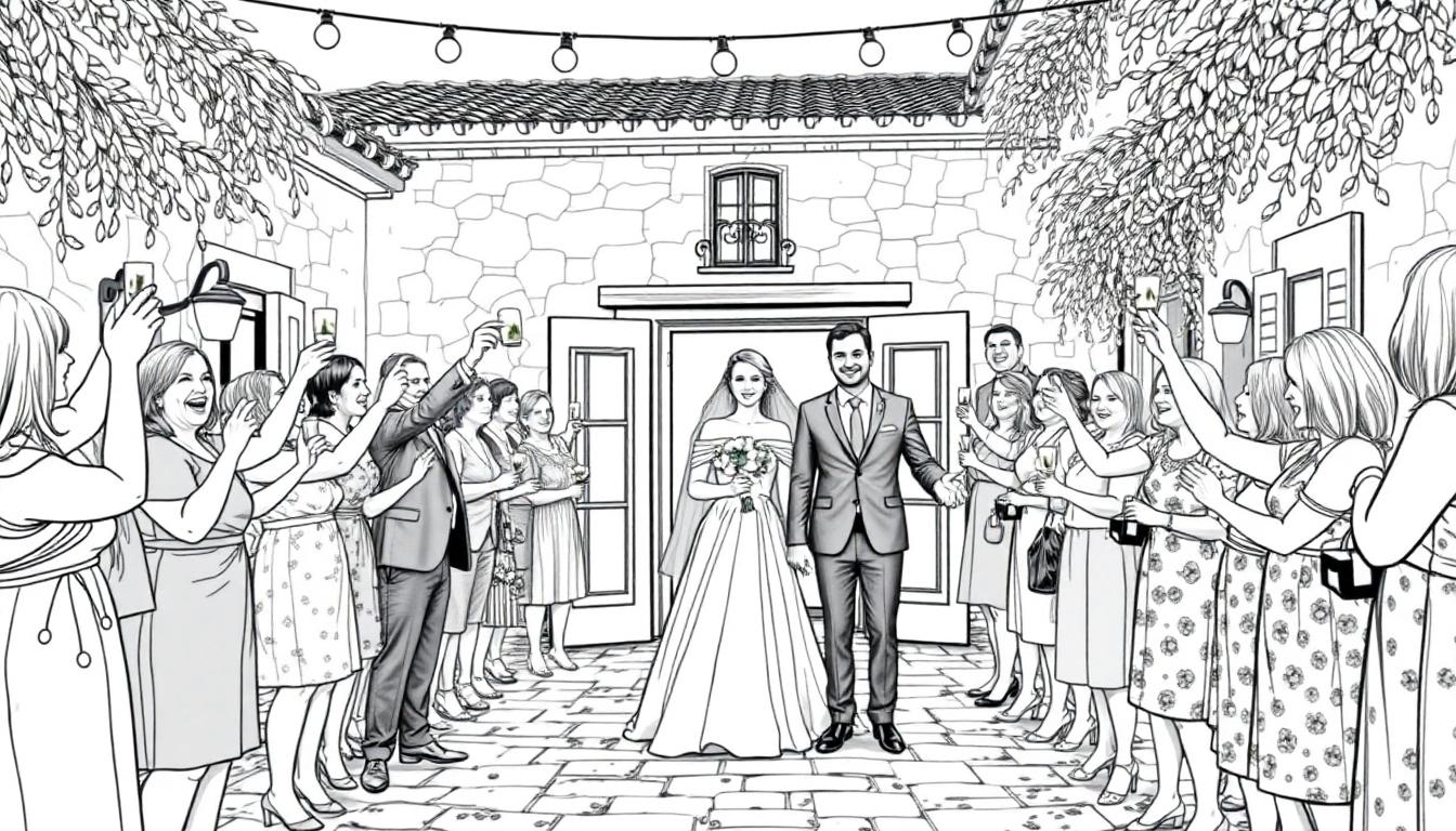 Kleurplaat van een bruiloft op een boerderij in Italië.